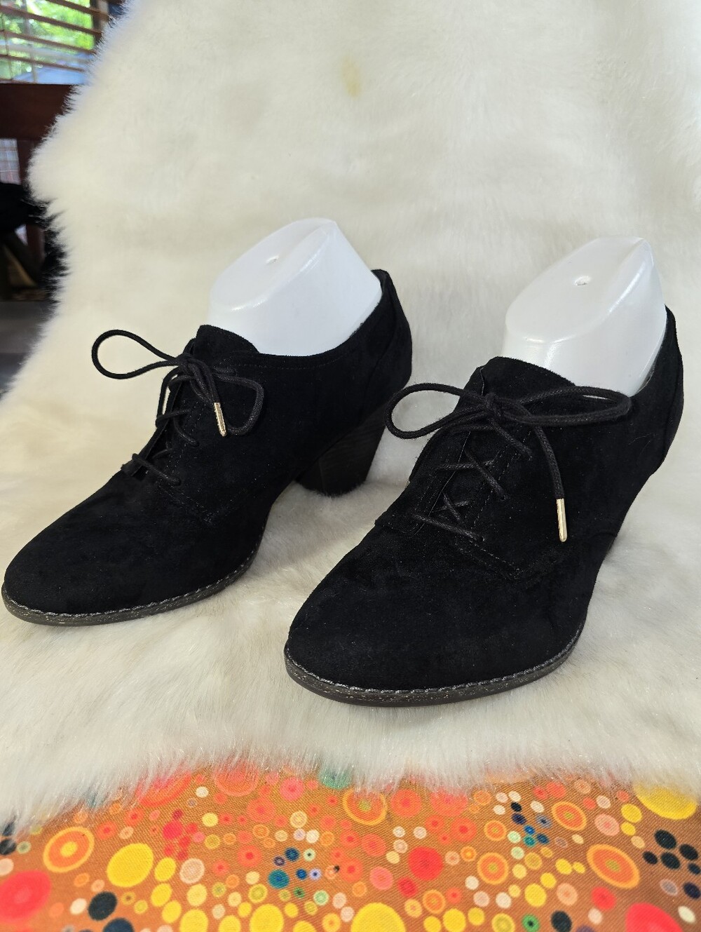 Dr. Scholl's "Cheer" Black Vegan Suede Lace-Up Block Heel Oxfords